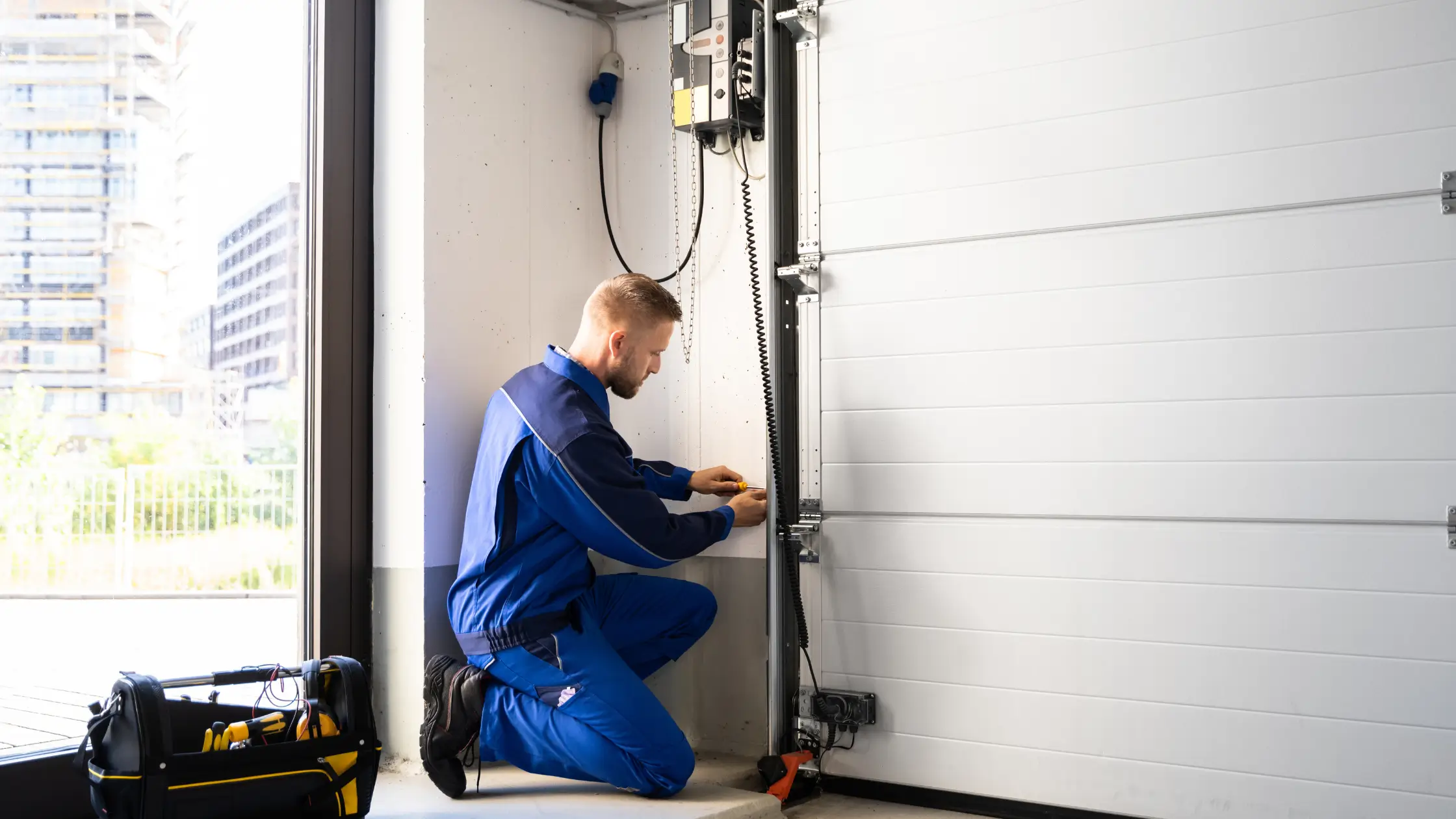 A man repairing a garage door in montreal